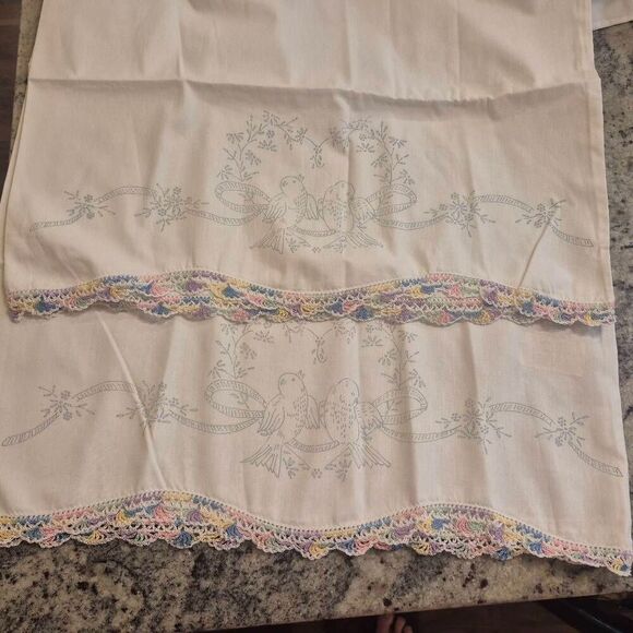 Pillowcases (2) White Cotton, Vintage, Crocheted Edge and Iron on Design that ne - Picture 1 of 6